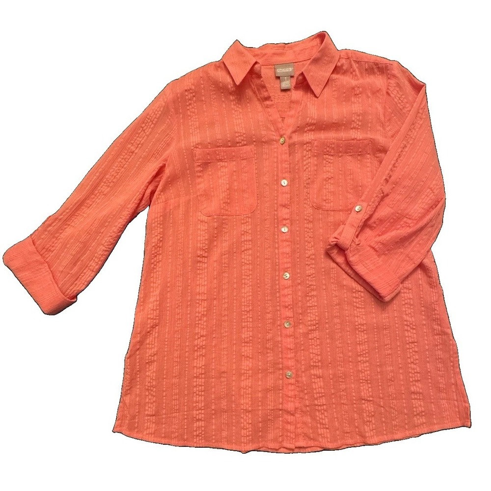 Chico's Women's Coral Textured Button Up Shirt Roll Tab 3/4 Sleeve Blouse Size 1